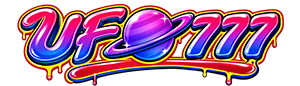 Logo UFO777 berhuruf merah muda dengan planet ungu bercincin