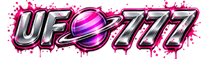 Logo UFO777 berhuruf krom dengan planet merah muda
