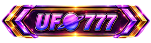Logo UFO777: planet ungu bercincin di plakat neon ungu keemasan