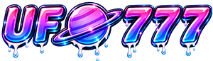 Logo UFO777 ungu mengilap dengan planet bercincin