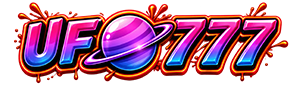 Logo UFO777 dengan huruf merah muda dan planet ungu