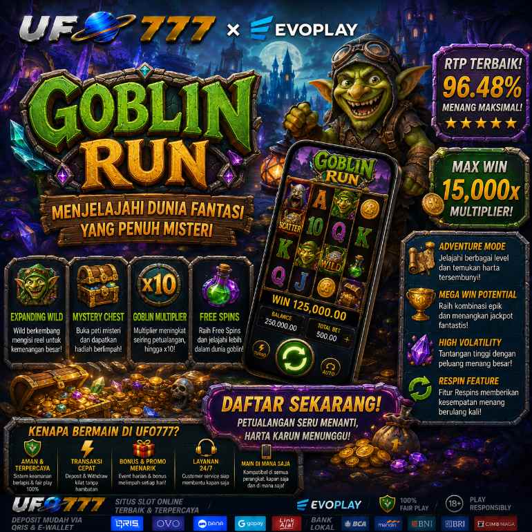 Banner UFO777 x EvoPlay Goblin Run dengan desain visual unik bertema dunia fantasi penuh misteri
