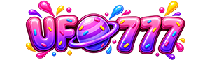 Logo UFO777 merah muda dengan planet ungu bercincin