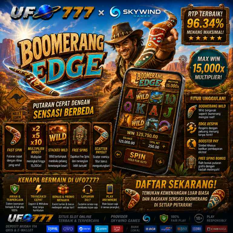Banner UFO777 x Skywind Games Boomerang Edge dengan desain modern dan putaran cepat yang dinamis