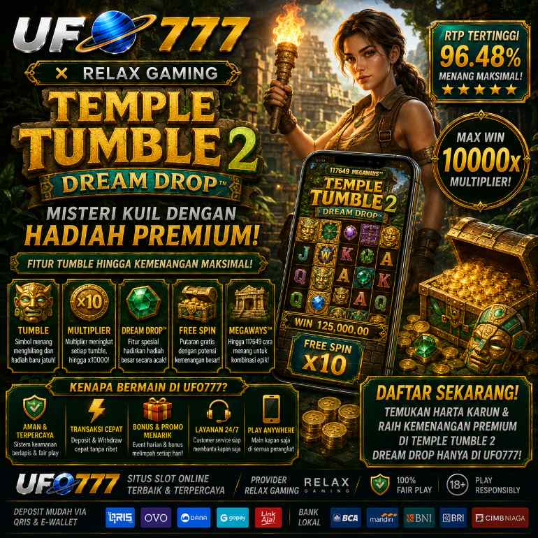 Banner UFO777 x Relax Gaming Temple Tumble 2 Dream Drop bertema kuil kuno di tengah hutan
