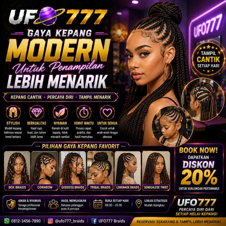 Banner UFO777 layanan hair braiding dengan beragam model kepang modern