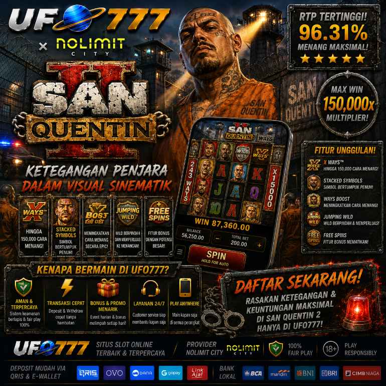 Banner UFO777 x Nolimit City San Quentin 2 bertema penjara dengan visual sinematik yang intens
