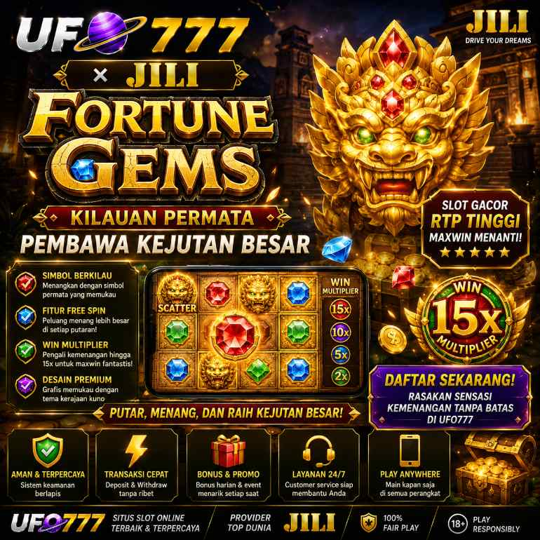 Banner UFO777 x JILI Fortune Gems dengan kilauan permata bertema kerajaan kuno
