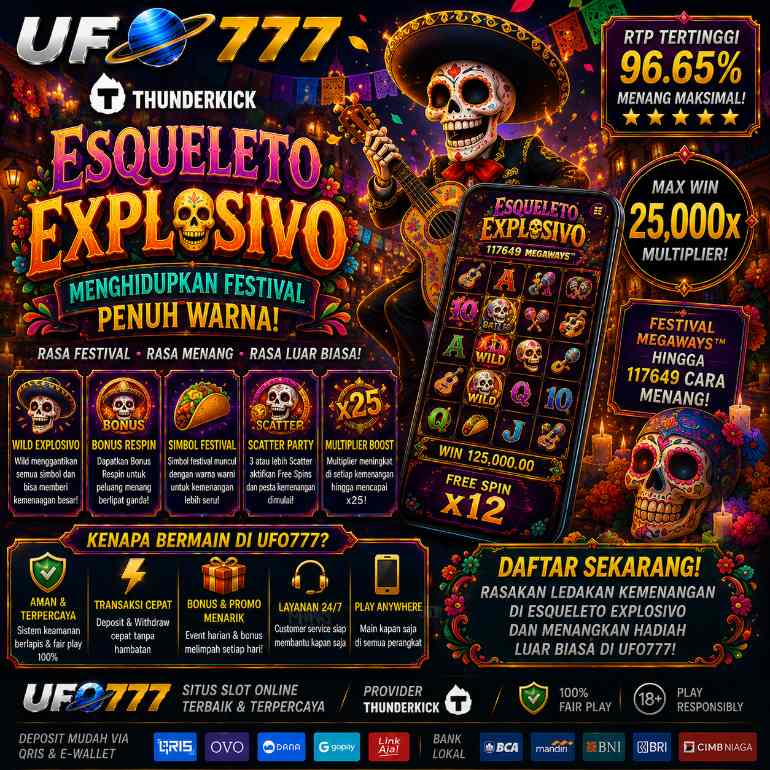 Banner UFO777 x Thunderkick Esqueleto Explosivo bertema festival Dia de los Muertos yang penuh warna