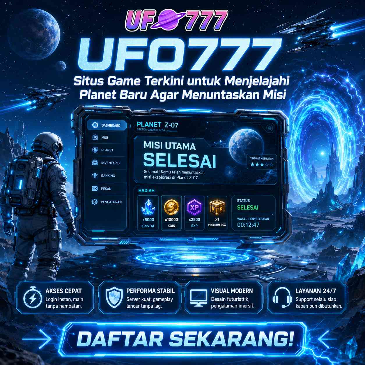 Banner UFO777 bertema petualangan luar angkasa menuju planet yang belum dikenal